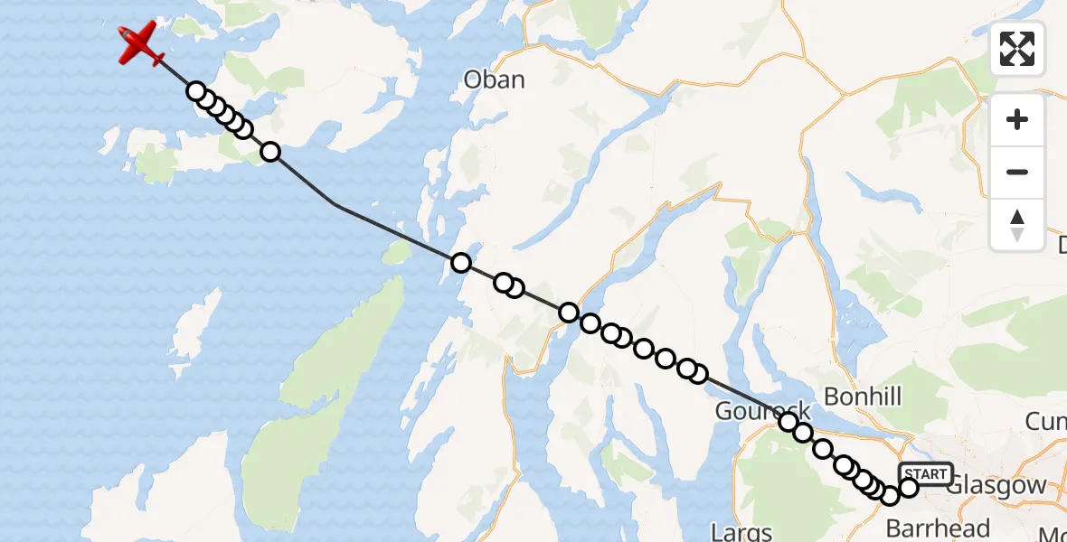 Flight path map showing Air Ambulance Aircraft route from Glasgow Airport to Inner Seas