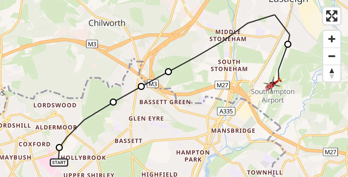 Flight path map showing Air Ambulance Helicopter route from University Hospital Southampton to Southampton Airport