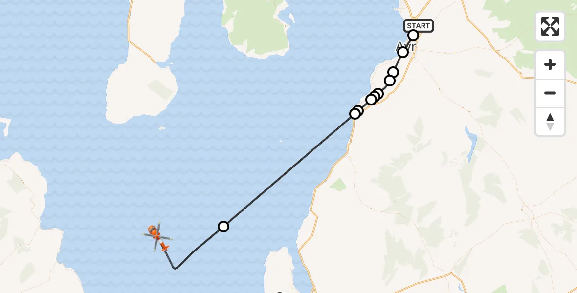 Flight path map showing Coastguard Helicopter route from Glasgow Prestwick Airport to Irish Sea