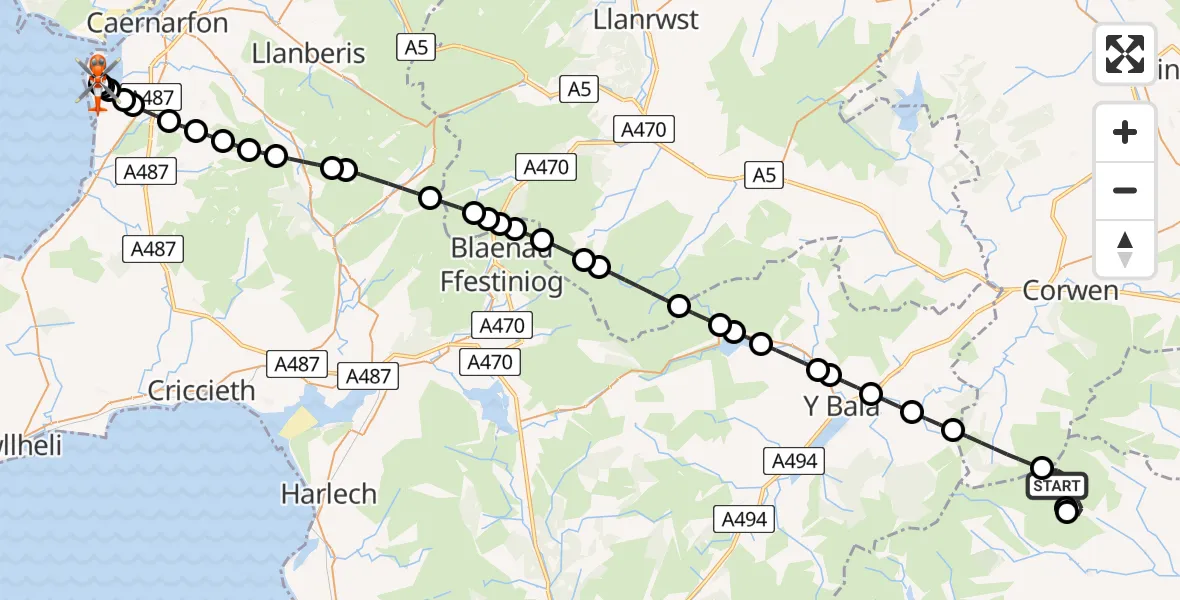 Flight path map showing Coastguard Helicopter route from Llanrhaeadr-ym-Mochnant to Caernarfon Airport