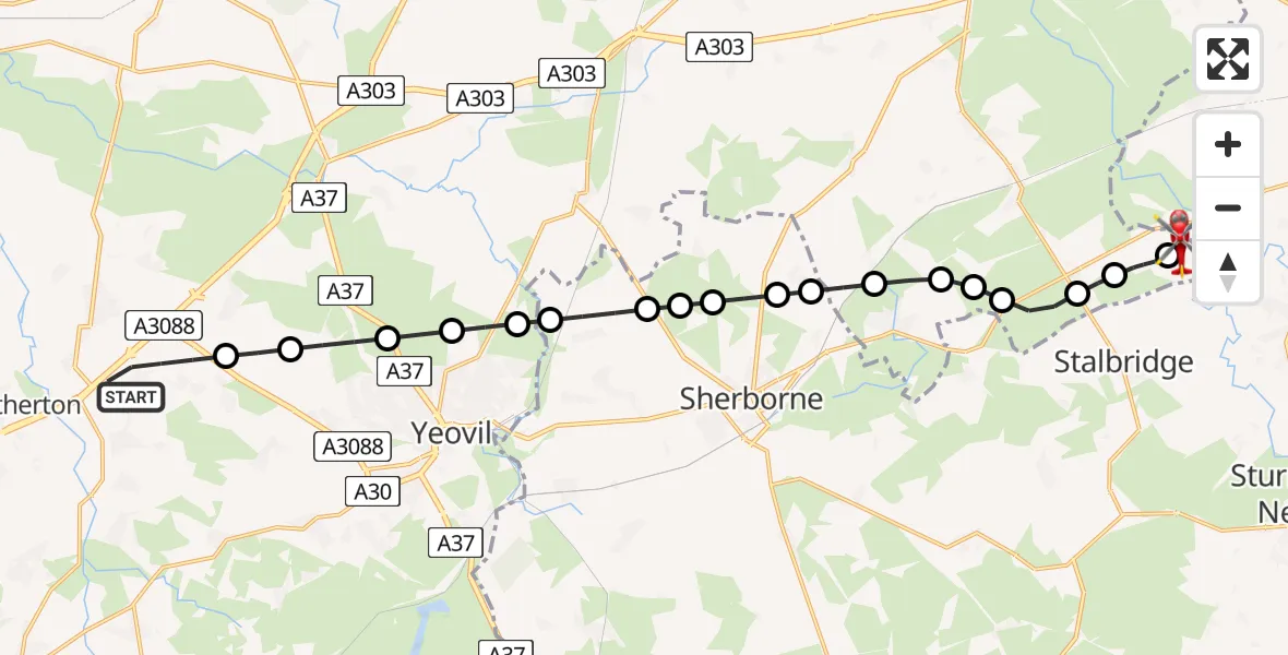 Flight path map showing Air Ambulance Helicopter route from Stoke sub Hamdon to Henstridge Airfield
