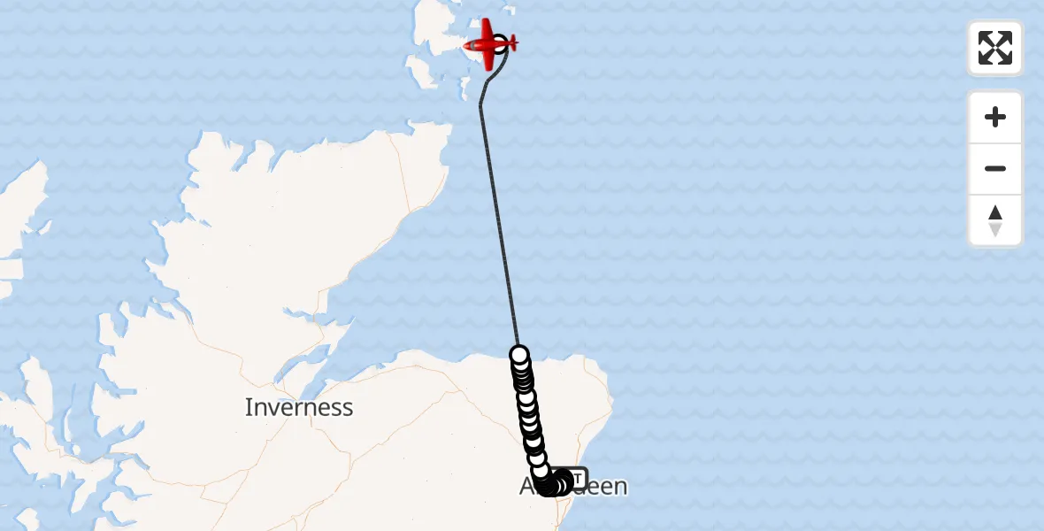 Flight path map showing Air Ambulance Aircraft route from Aberdeen International Airport to North Atlantic Ocean