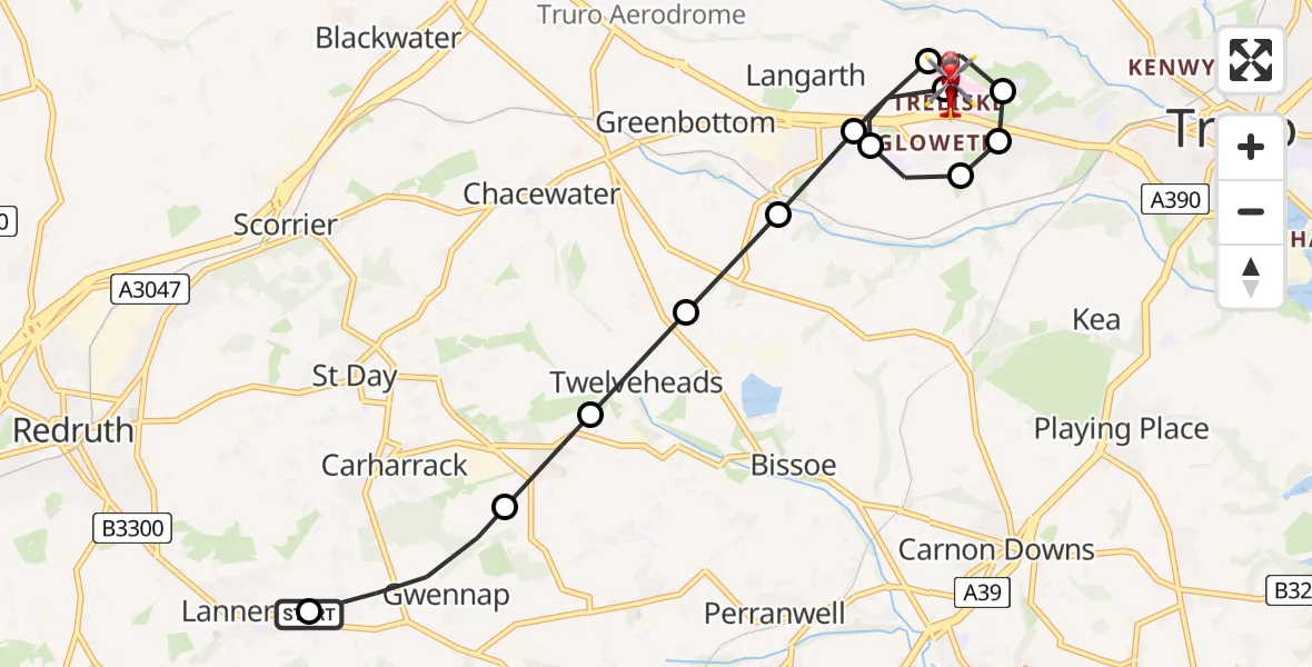Flight path map showing Air Ambulance Helicopter route from Lanner to Treliske Hospital