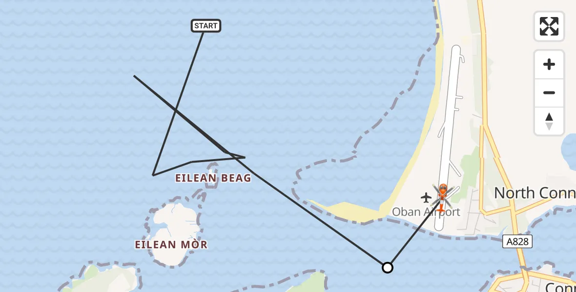Flight path map showing Coastguard Helicopter route from Inner Seas to Oban Airport
