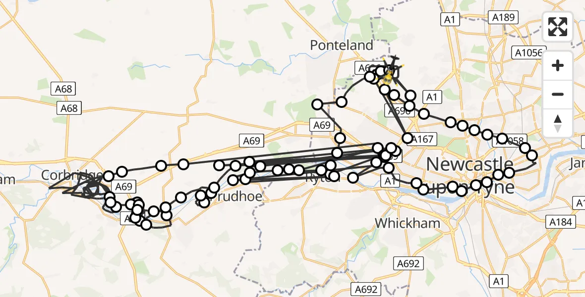 Flight path map showing Police Helicopter route from Newcastle International Airport to Newcastle International Airport