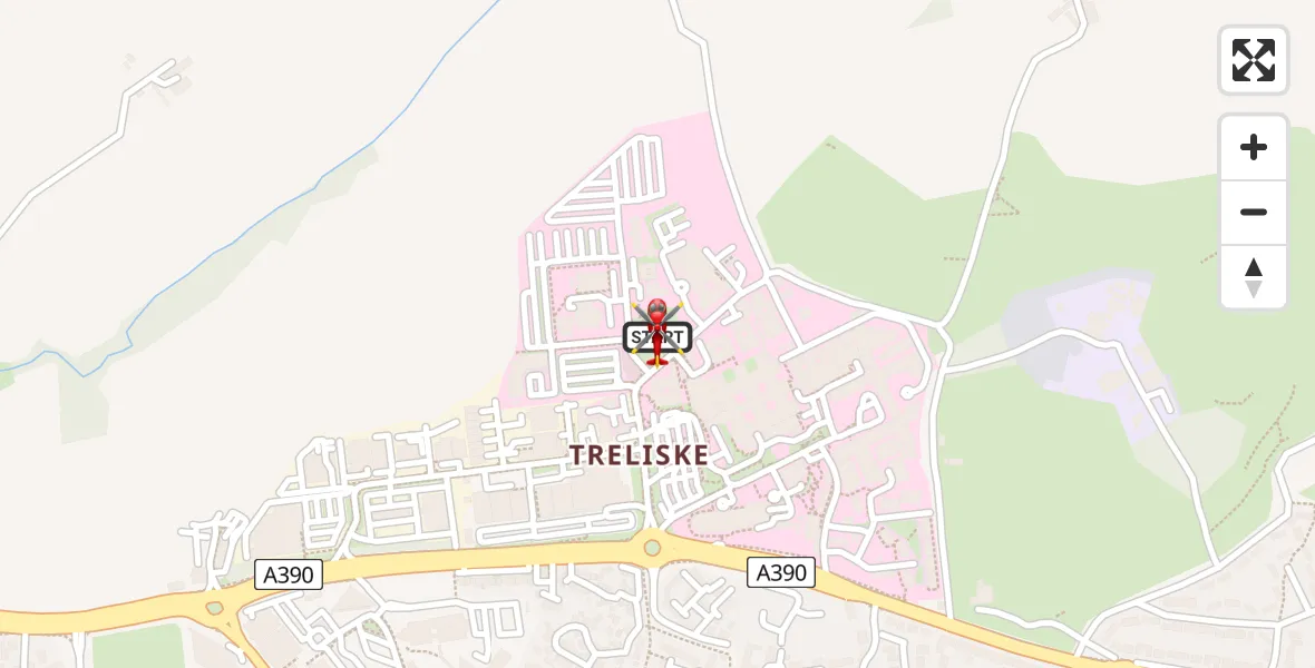 Flight path map showing Air Ambulance Helicopter route from Treliske Hospital to Treliske Hospital