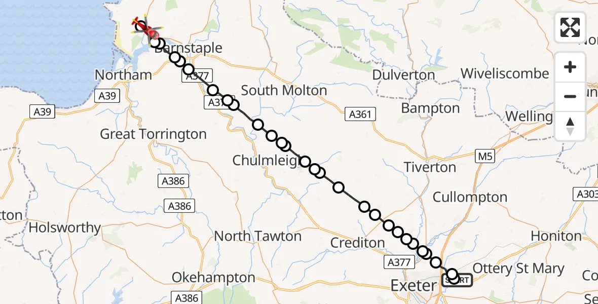 Flight path map showing Air Ambulance Helicopter route from Exeter International Airport to Braunton