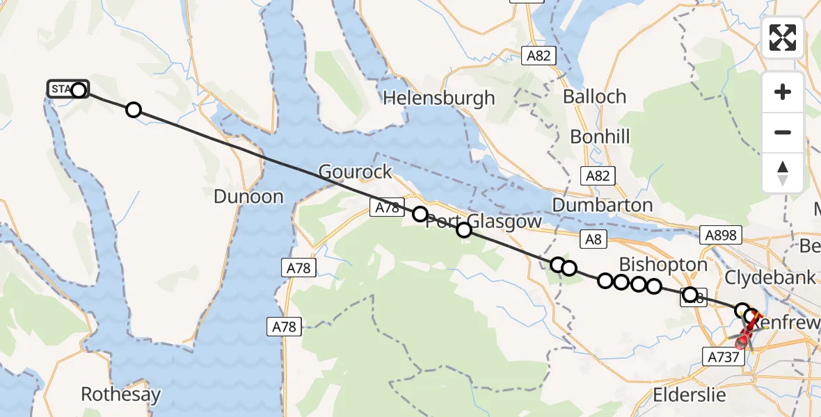 Flight path map showing Air Ambulance Helicopter route from Lochhead to Glasgow Airport