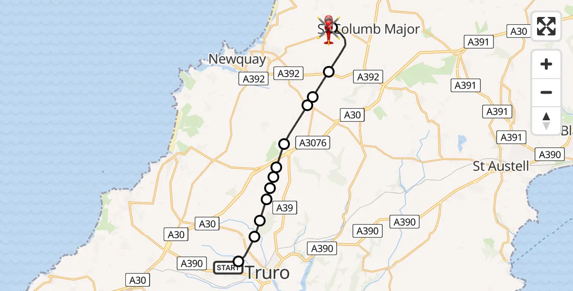 Flight path map showing Air Ambulance Helicopter route from Treliske Hospital to Cornwall Airport Newquay