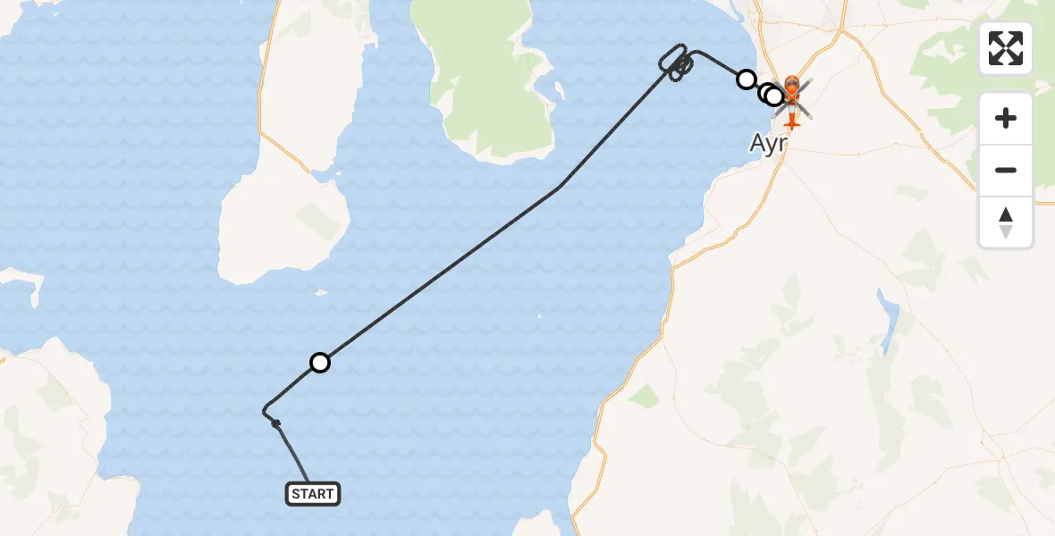Flight path map showing Coastguard Helicopter route from Irish Sea to Glasgow Prestwick Airport