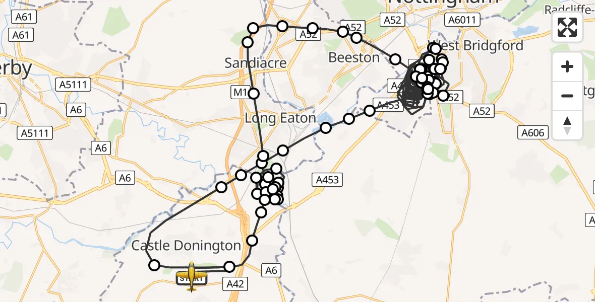 Flight path map showing Police Aircraft route from East Midlands Airport to East Midlands Airport