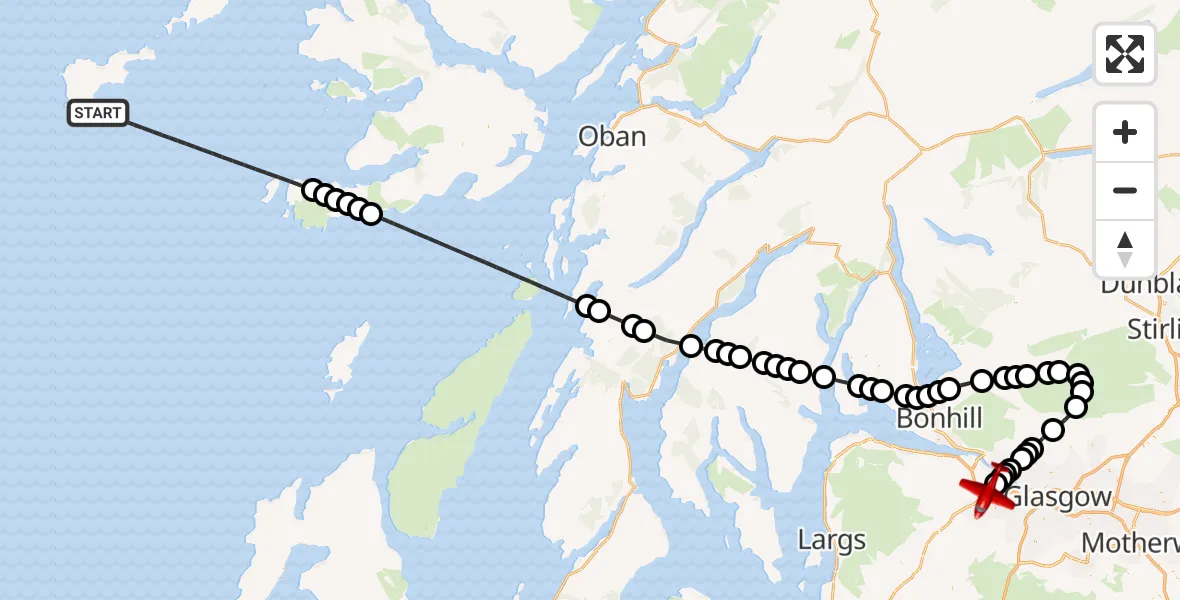 Flight path map showing Air Ambulance Aircraft route from Inner Seas to Glasgow Airport