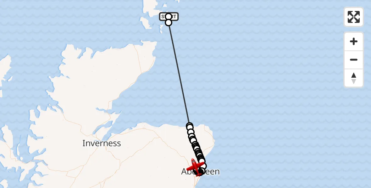 Flight path map showing Air Ambulance Aircraft route from Orkney Islands to Aberdeen International Airport