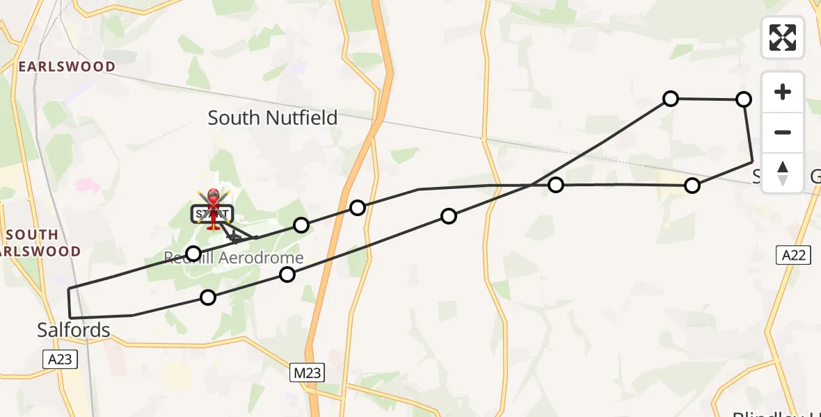 Flight path map showing Air Ambulance Helicopter route from Redhill Aerodrome to Redhill Aerodrome