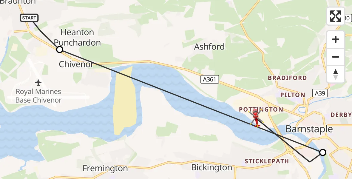 Flight path map showing Air Ambulance Helicopter route from Braunton to Barnstaple
