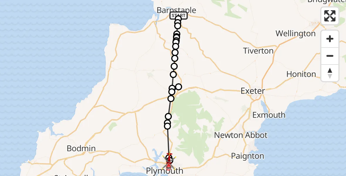 Flight path map showing Air Ambulance Helicopter route from Bishop's Tawton to Crownhill