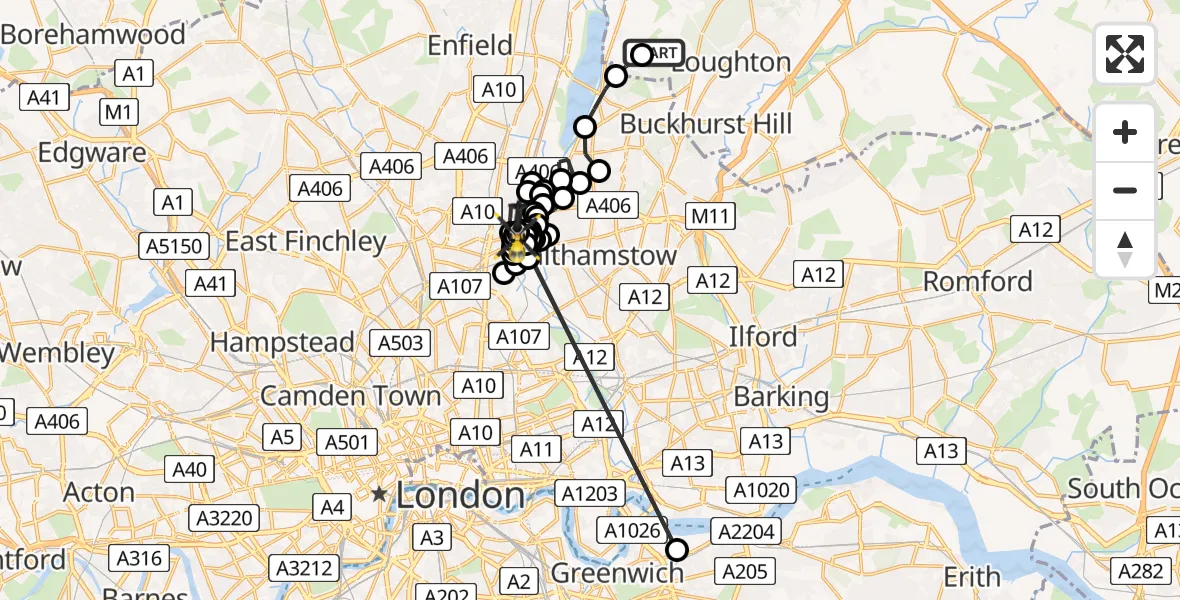 Flight path map showing Police Helicopter route from Metropolitan Police Air Support Unit Lippitts Hill to Haringey