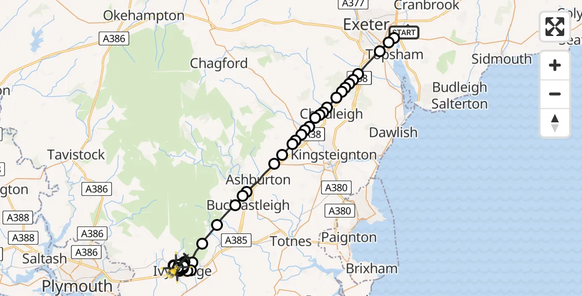 Flight path map showing Police Helicopter route from Clyst St Mary to South Hams