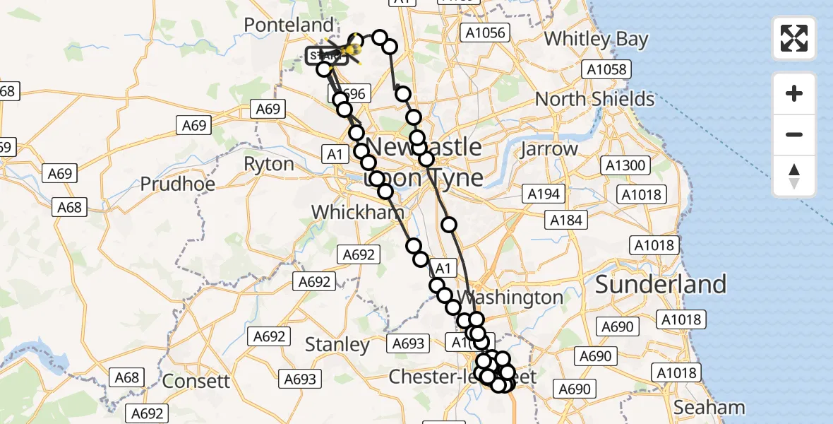 Flight path map showing Police Helicopter route from Newcastle International Airport to Newcastle International Airport