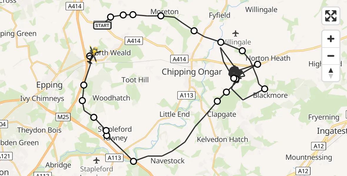Flight path map showing Police Helicopter route from North Weald Airfield to North Weald Airfield