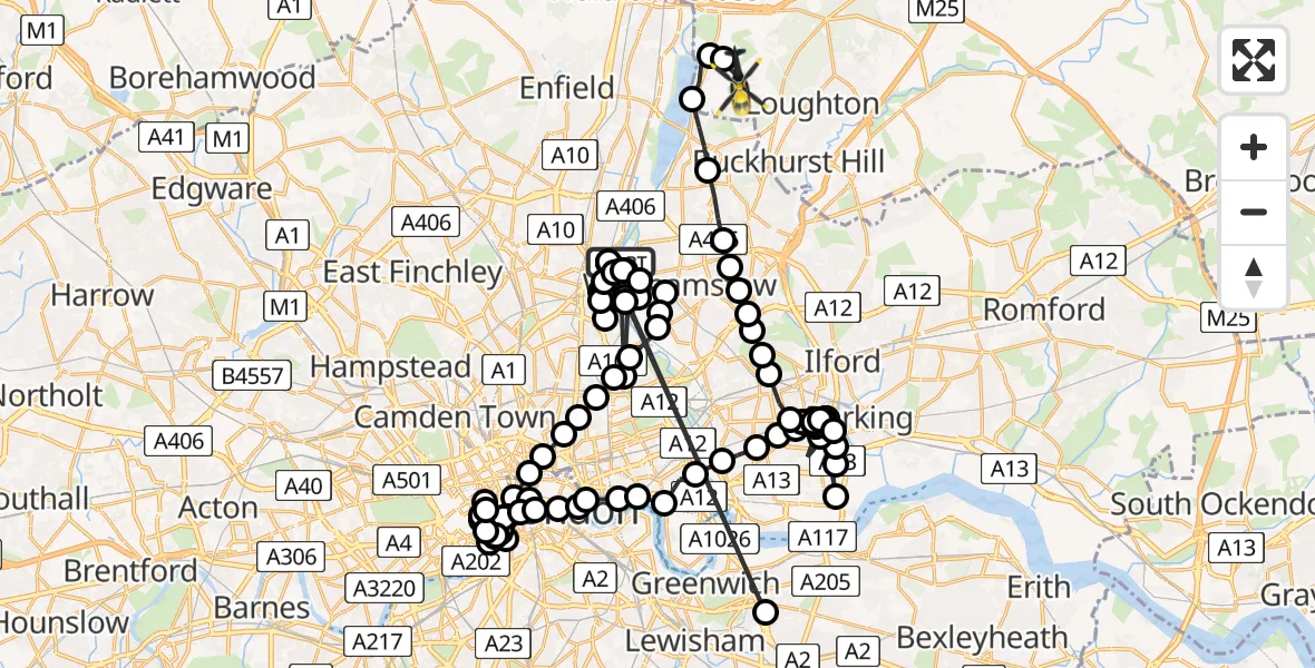 Flight path map showing Police Helicopter route from Haringey to Sewardstonebury