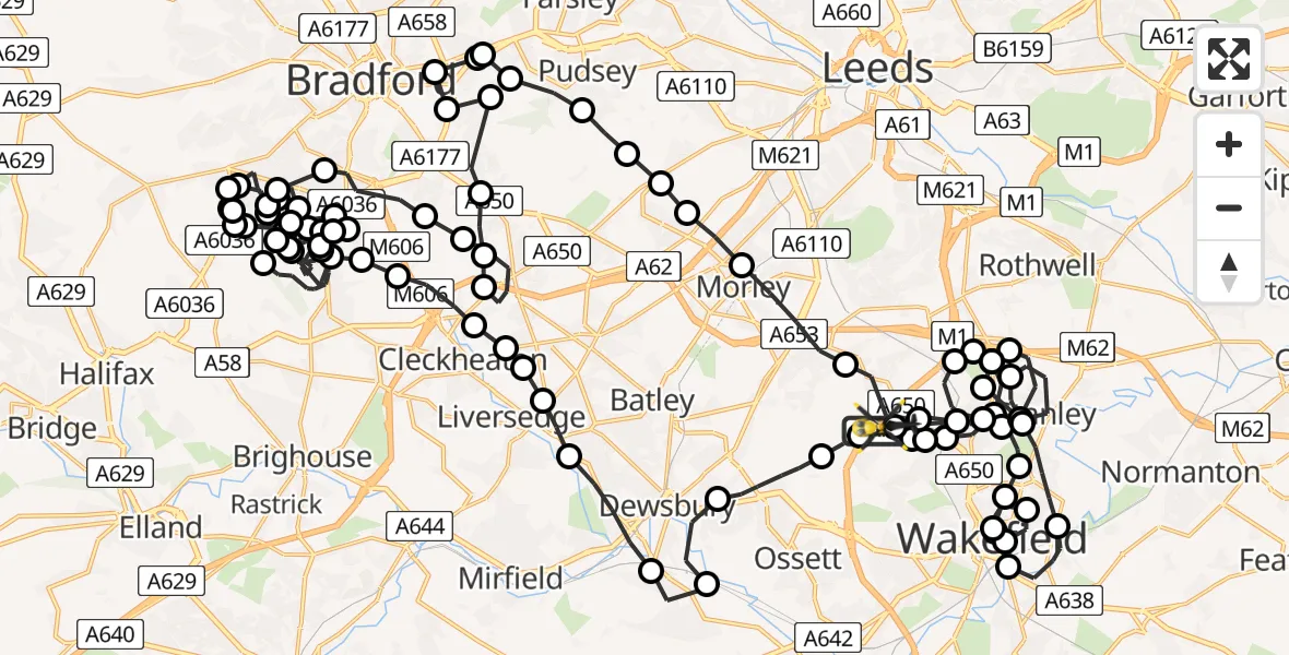 Flight path map showing Police Helicopter route from East Ardsley to East Ardsley