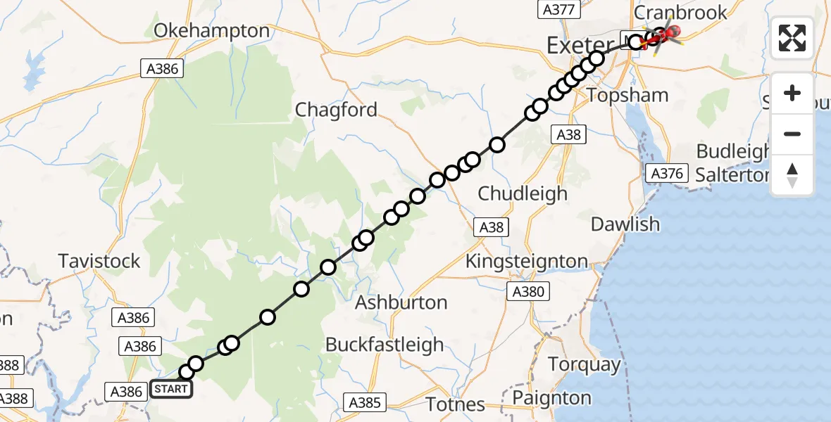 Flight path map showing Air Ambulance Helicopter route from Shaugh Prior to Exeter International Airport