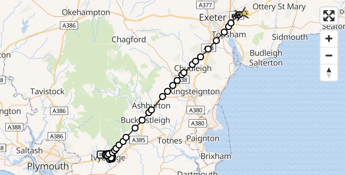 Flight path map showing Police Helicopter route from South Hams to Exeter International Airport