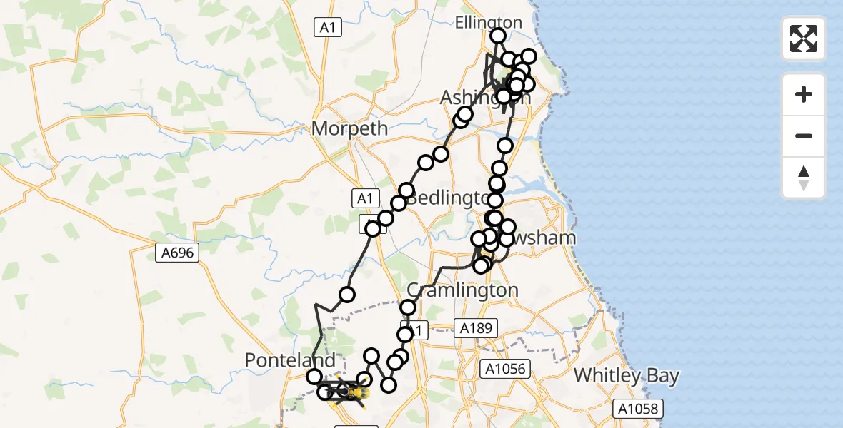 Flight path map showing Police Helicopter route from Newcastle International Airport to Woolsington