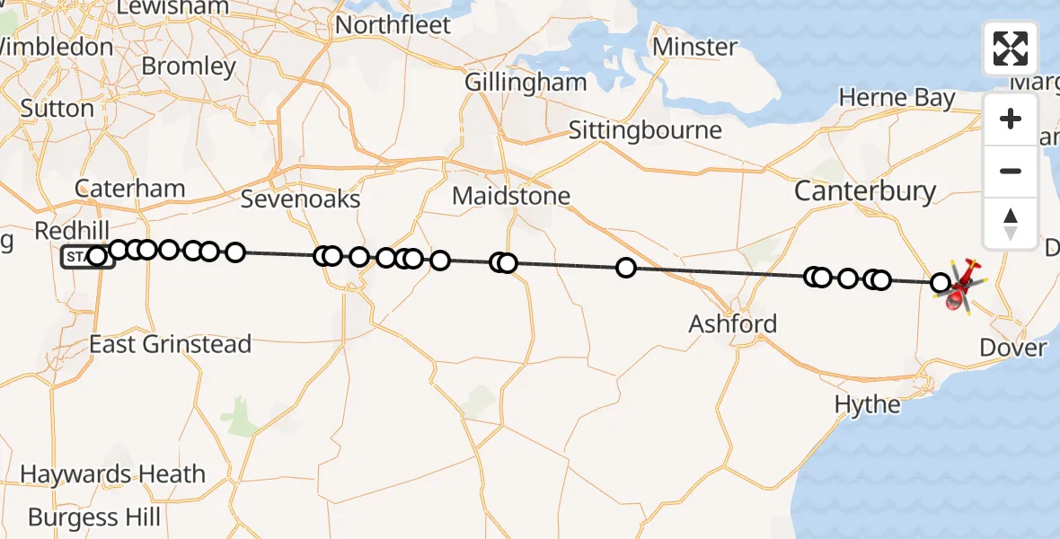 Flight path map showing Air Ambulance Helicopter route from Redhill Aerodrome to Dover