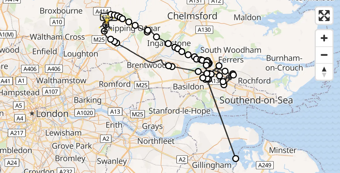 Flight path map showing Police Helicopter route from North Weald Airfield to North Weald Airfield