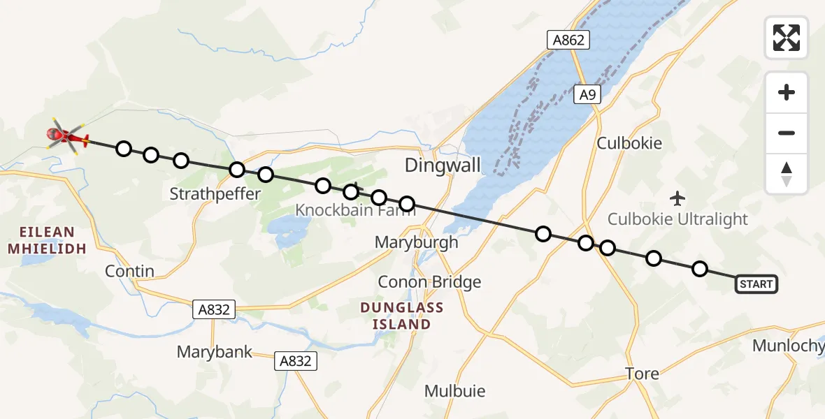 Flight path map showing Air Ambulance Helicopter route from Munlochy to Glensgaich
