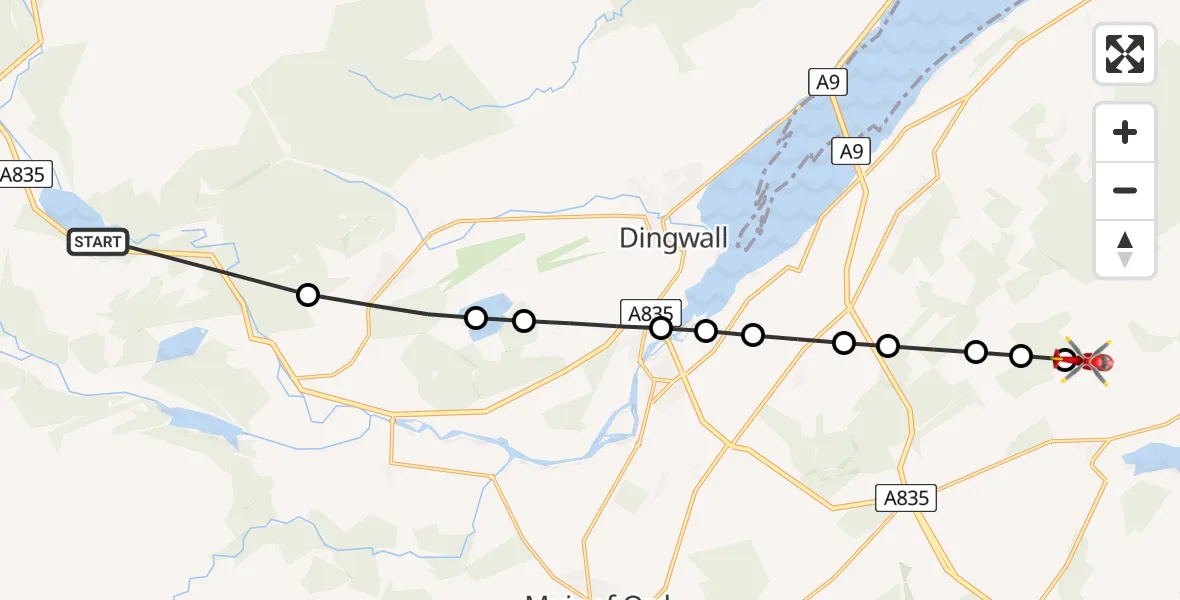 Flight path map showing Air Ambulance Helicopter route from Loch Garve to Inverness