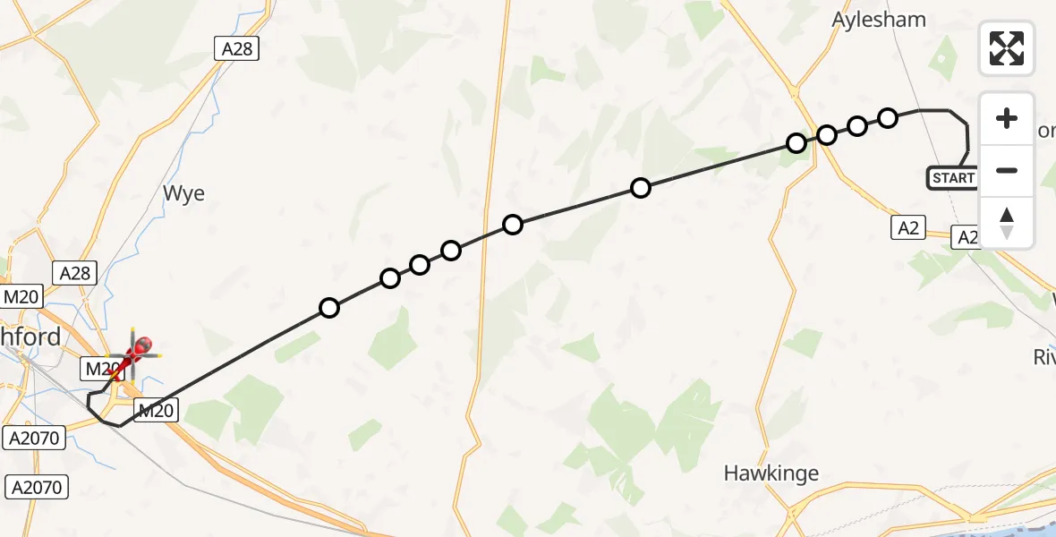 Flight path map showing Air Ambulance Helicopter route from Dover to Ashford