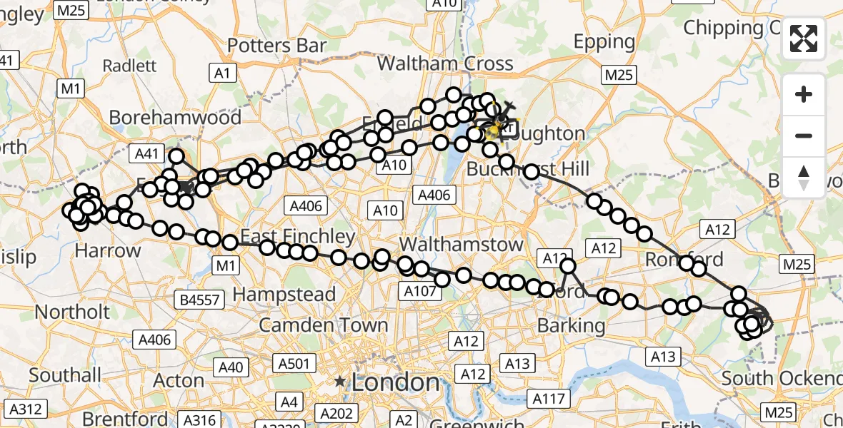 Flight path map showing Police Helicopter route from Metropolitan Police Air Support Unit Lippitts Hill to Metropolitan Police Air Support Unit Lippitts Hill