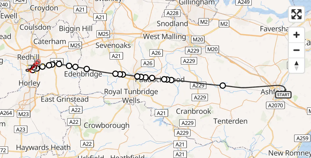 Flight path map showing Air Ambulance Helicopter route from Ashford to Redhill Aerodrome