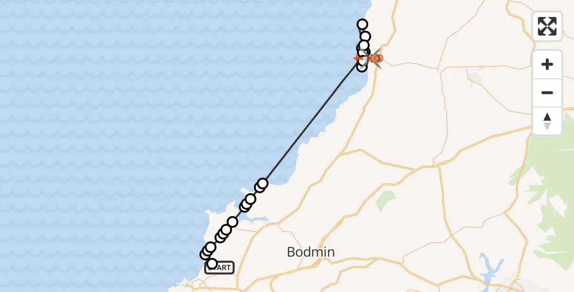 Flight path map showing Coastguard Helicopter route from Cornwall Airport Newquay to Bude
