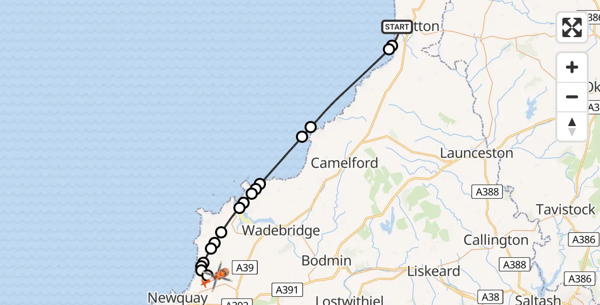 Flight path map showing Coastguard Helicopter route from Bude to Cornwall Airport Newquay