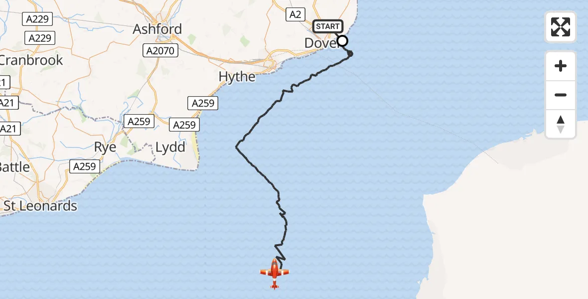 Flight path map showing Coastguard Drone route from Dover to English Channel