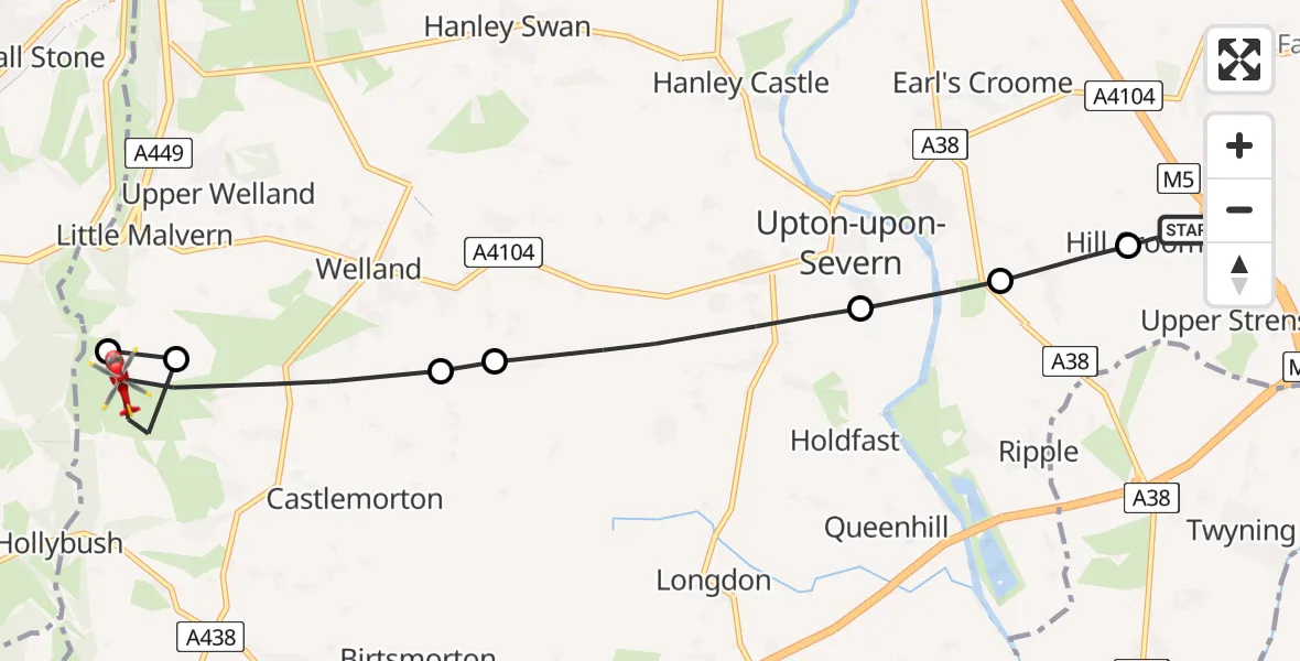 Flight path map showing Air Ambulance Helicopter route from Hill Croome to Castlemorton