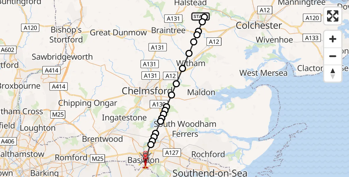Flight path map showing Air Ambulance Helicopter route from Earls Colne Airfield to Basildon