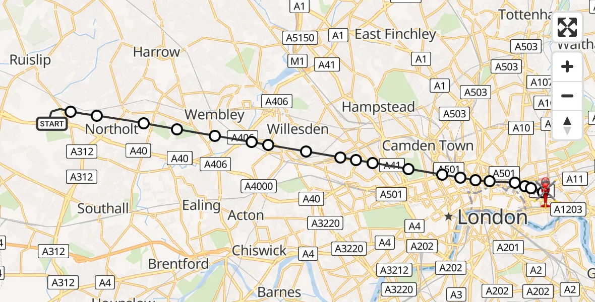 Flight path map showing Air Ambulance Helicopter route from RAF Northolt to Royal London Hospital