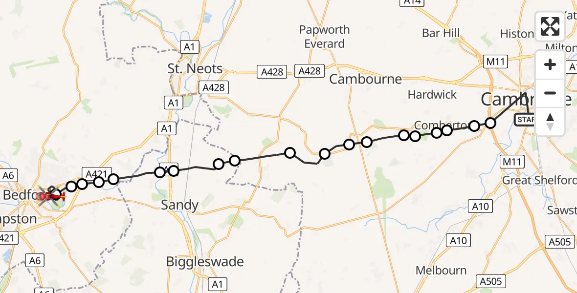 Flight path map showing Air Ambulance Helicopter route from Cambridge to Bedford