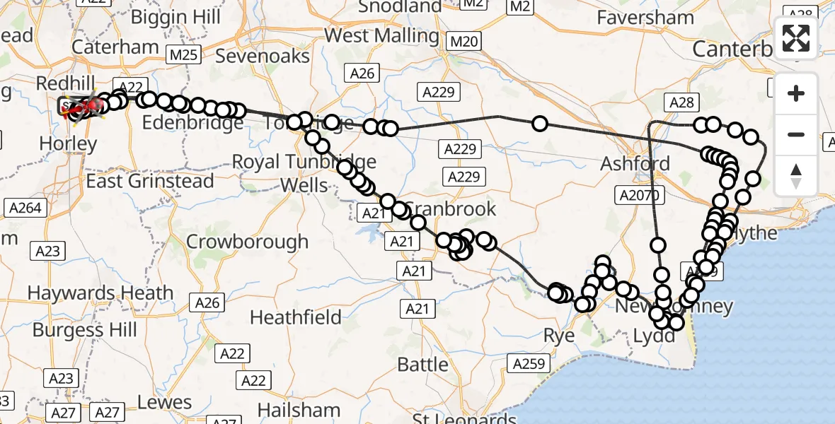 Flight path map showing Air Ambulance Helicopter route from Redhill Aerodrome to Tandridge