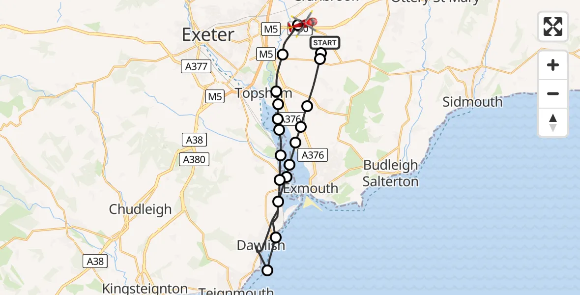 Flight path map showing Air Ambulance Helicopter route from Aylesbeare to Exeter International Airport