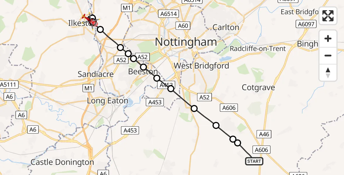 Flight path map showing Air Ambulance Helicopter route from Widmerpool to Ilkeston