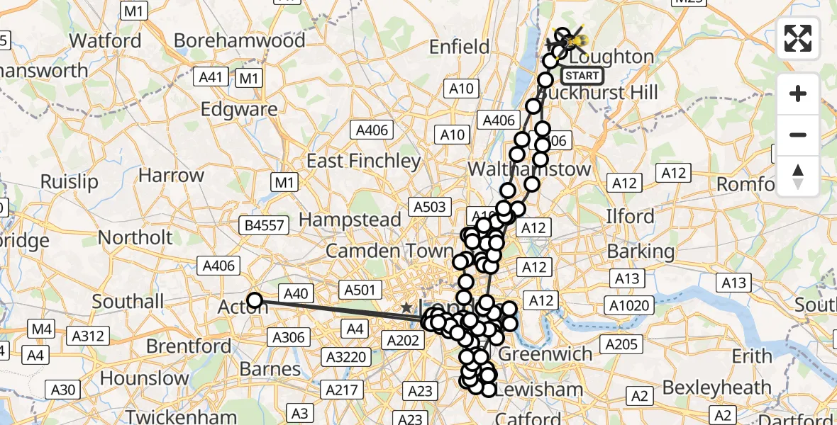 Flight path map showing Police Helicopter route from Buckhurst Hill to Sewardstonebury
