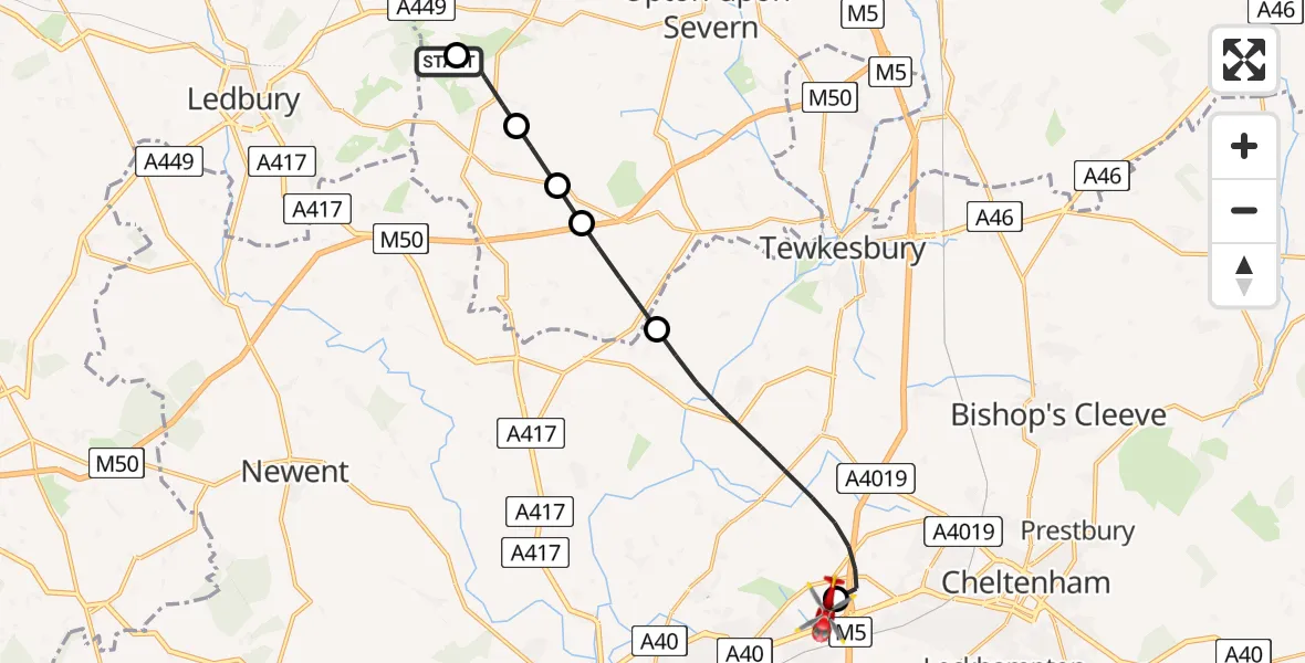 Flight path map showing Air Ambulance Helicopter route from Castlemorton to Gloucestershire Airport