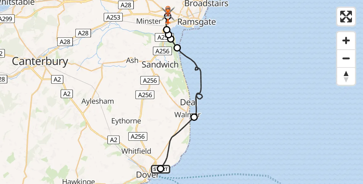 Flight path map showing Coastguard Helicopter route from Langdon Battery Heliport to Manston Airport