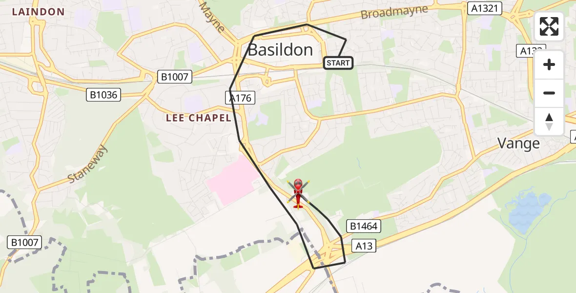 Flight path map showing Air Ambulance Helicopter route from Basildon to Basildon